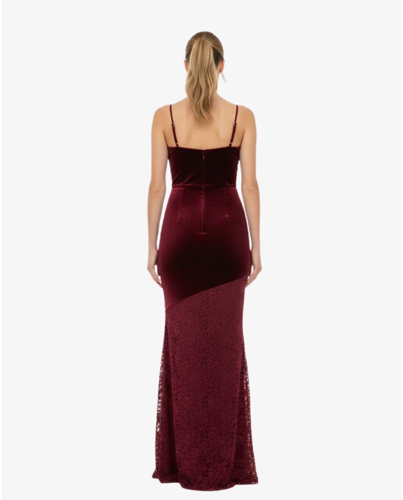 VESTIDO BURDEOS TERCIOPELO ENCAJE BAJO