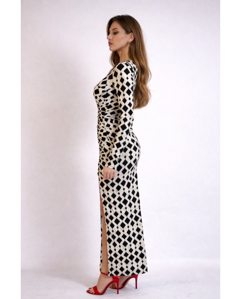 VESTIDO CREP ROMBOS BLANCO NEGRO